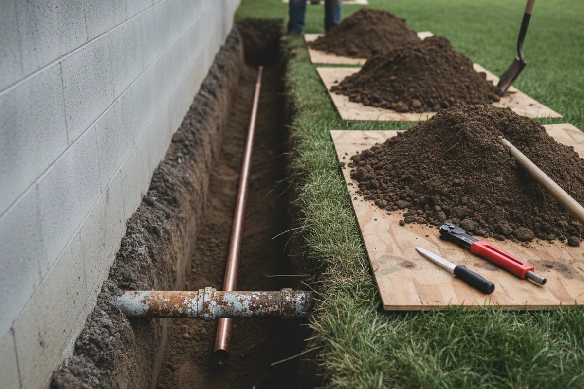 Excavated water line trench during Water Heater Repair in Faribault